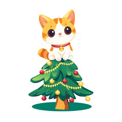 Cartoon orange kitten perched atop decorated Christmas tree festive holiday vector
