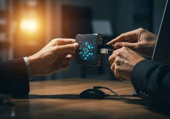 Businessmen Connecting a Futuristic Device with Cable