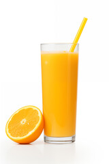 A glass of orange juice with a straw and a half orange on a white background