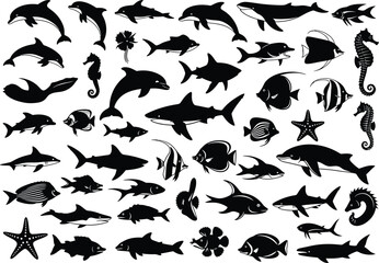 Extensive Collection of Marine Life Silhouettes Dolphins, Sharks, Fish, and More