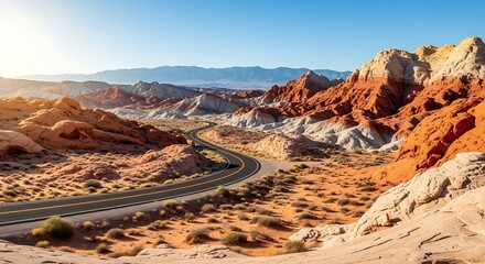 Winding desert road through colorful sandstone formations rock formations