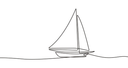 Boat One Line Drawing, Vector Continuous Single Line Art Isolated on White Background. Fishing Boat Minimalism Hand Drawn Style. Minimalist Sketch Contour Art.