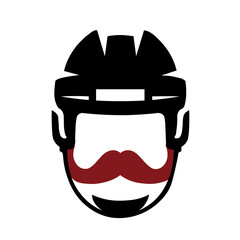 Stylized cyclist face with helmet and red mustache vector icon. Bike Helmet Logo with Mustache Graphic