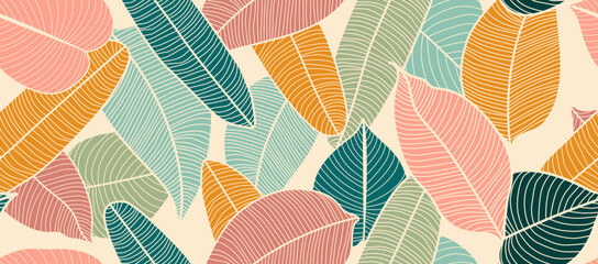 Abstract Tropical Seamless Pattern with Palm Trees Line Art Drawing. Botanical Hand Drawn Jungle Background. Surface and Textile Print Design. Vector Illustration