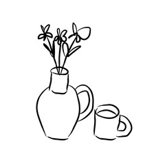 Flowers in Vase Minimalist Hand Drawn Style. Cute Ditsy Flowers Art. Botanical Design of Pretty Floral Drawings. Vector Flower Line Drawing Illustration for Modern Design