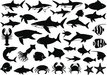 Collection of Marine Life Silhouettes Sharks, Fish, and Sea Creatures