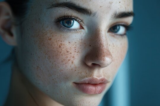 A highly detailed macro shot of a young woman cheek with freckles pores and tiny hairs illuminated with