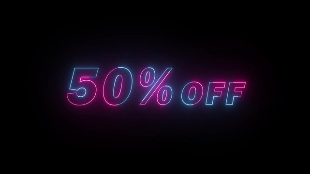 50% percent off text icon animation glowing neon pink and blue color on black screen for price tag, special offer, business banner sign, signboard poster, shop, store discount sign