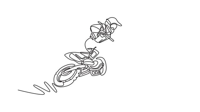Animated self drawing of continuous line draw active motocross rider in action accelerating motorbike on the race track. Motor sports, speed, hobby, journey, activity. Full length one line animation