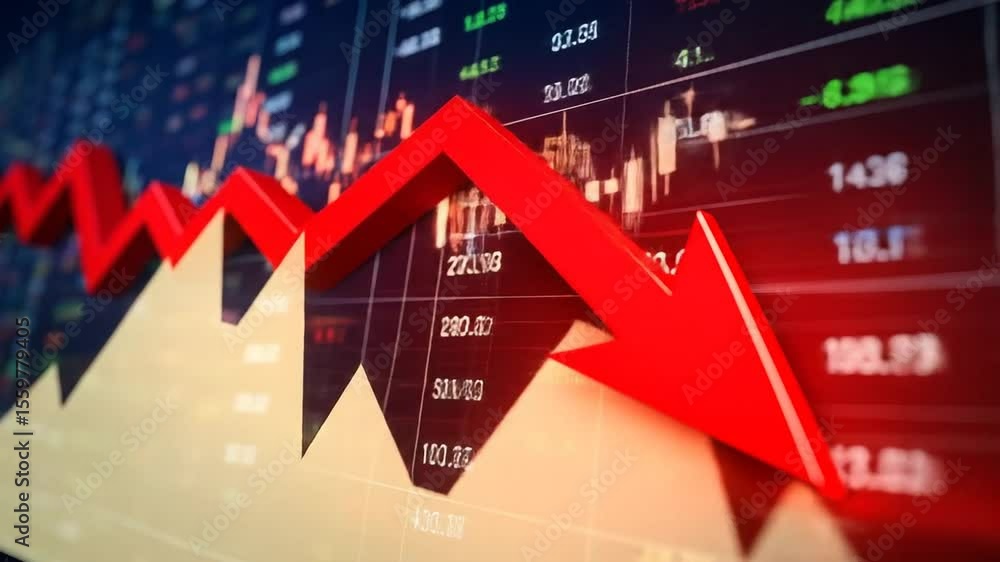 Poster analyzing stock market trends with declining red arrows and financial data visualization