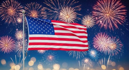 American flag waving against colorful fireworks celebration