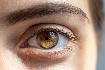 A macro shot of a woman eye with creases and natural lashes captured with narrow depth of field