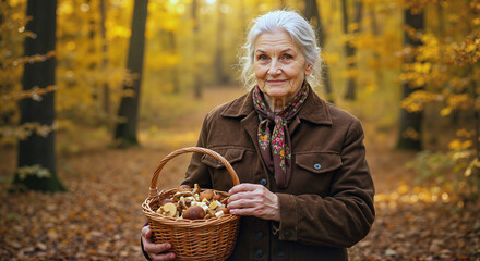 Elderly woman with a basket of mushrooms in the autumn forest