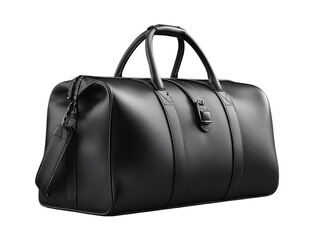 Luxurious black leather duffle bag with straps and buckle isolated on transparent background