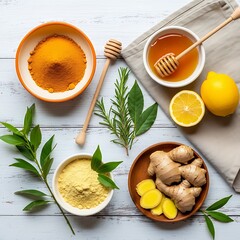 Yellow spice honey lemon ginger rosemary and bay leaves turmeric powder