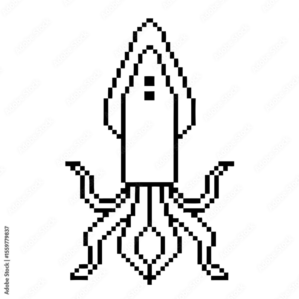 Poster illustration of a squid featuring distinct tentacles and body shape in a simple pixel outline
