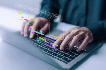 Milestones management shows a Gantt timeline chart. Concept of managing business project plans in software, organizing schedules in digital calendars. progress planner, work update, diagram design
