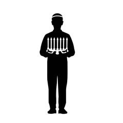 Silhouette man standing and holding seven candle candelabrum vector. Man Carrying Menorah Vector Illustration