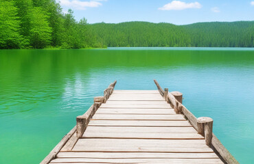 Wooden Dock Overlooking Turquoise Lake and Forested Mountains
