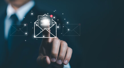 newsletter notification and open mail from the laptop. concept of correspondence, and news for...