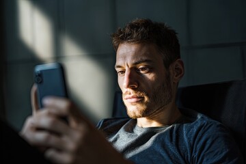 A man frozen mid-gasp watching breaking news on a phone screen light illuminating his face ambient shadows on