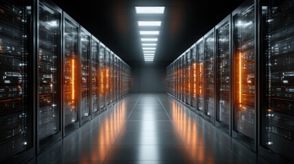 A high-tech server room features rows of computer racks illuminated with orange lights. The environment is sleek and modern, emphasizing advanced technology.