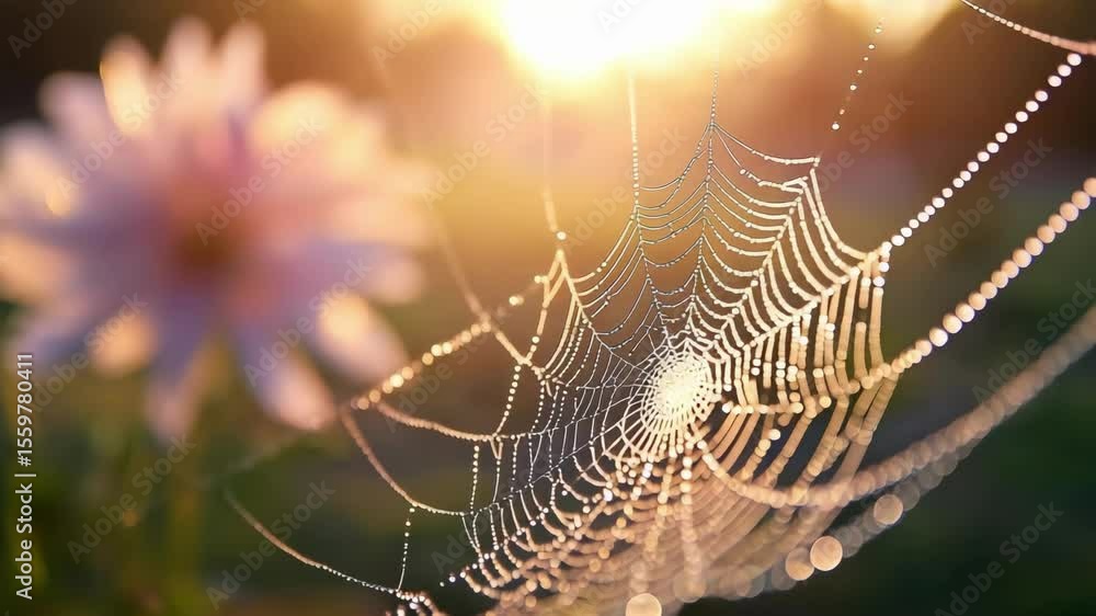 Aufkleber a close-up of a spider web glistening with dew drops, set against a soft-focus background of a flowe