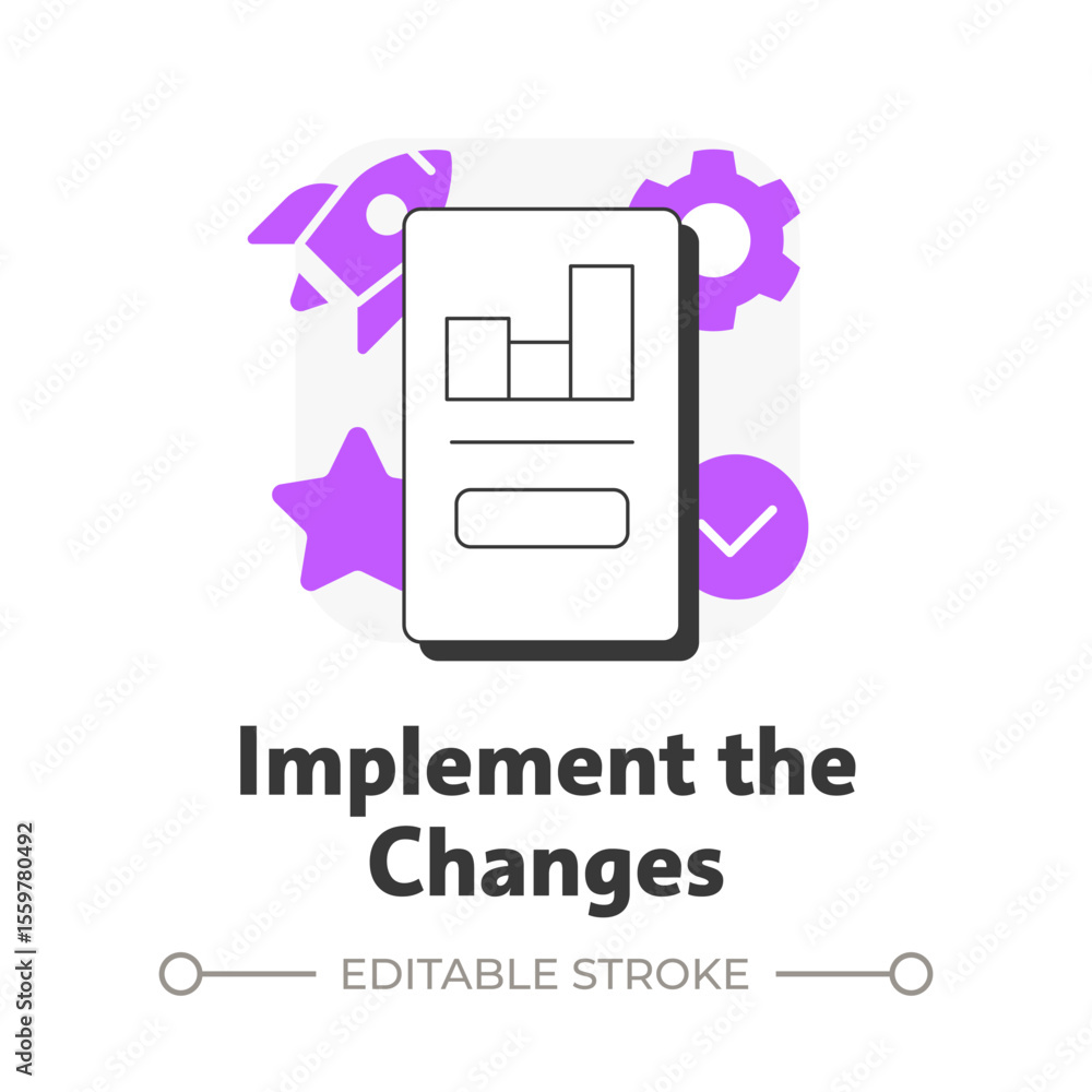 Poster implement changes flat outline concept icon. put shift plans into actions. stage of organizational t