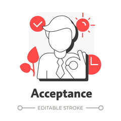Acceptance flat outline concept icon. Adaptation to new processes. Five stages of grief. Organizational change management. Modern line illustration with red glyphs. Conceptual visual. Easy to edit