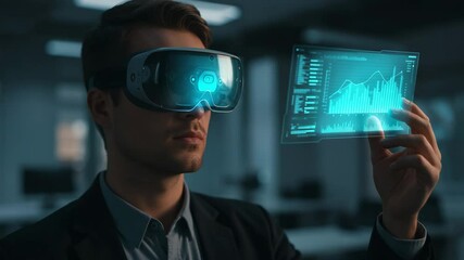 Businessman exploring virtual data visualization with VR headset in futuristic dark office - Powered by Adobe