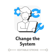 Change system flat outline concept icon. Active transitional stage. Lewin change management model. Business development. Modern line illustration with blue glyphs. Conceptual visual. Easy to edit