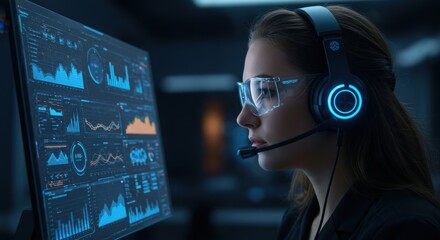 Woman with headset and glasses looking at data graphs on computer screen