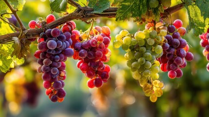 Clusters of ripe grapes in various hues dangle from lush green vines under warm sunlight. The peaceful vineyard setting captures the essence of the harvest season, promising a rich yield.