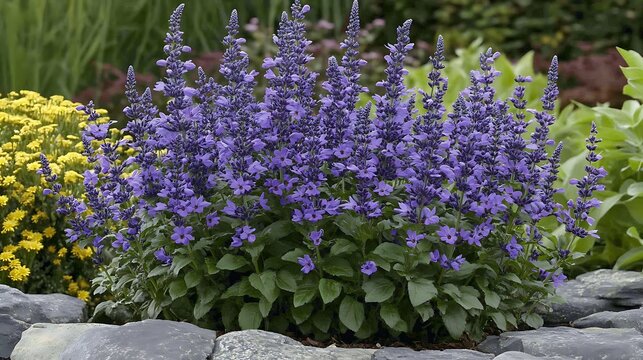 Blooming salvia flowers provide vibrant hues in a garden setting, complementing the peaceful atmosphere of landscaped outdoors.