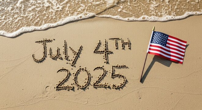 July Fourth sand writing American flag beach