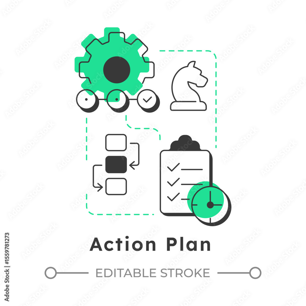 Poster action plan modern linear concept icon. evaluate solutions for organization change. stage of gap ana