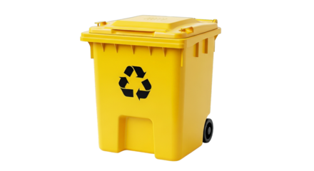 Vibrant yellow recycle bin with a black recycle symbol promoting environmental sustainability