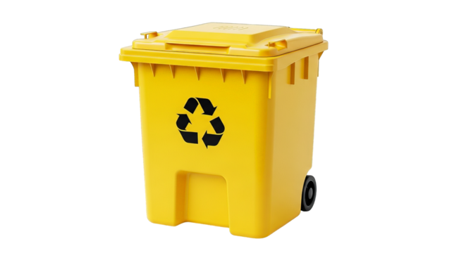 Vibrant yellow recycle bin with a black recycle symbol promoting environmental sustainability