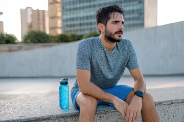 A man resting after a run on a concrete bench with harsh side lighting detailed sweat on synthetic