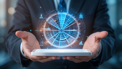 Man presents digital technology on a phone, showcasing innovation, connectivity, and modern business solutions with glowing blue interface.