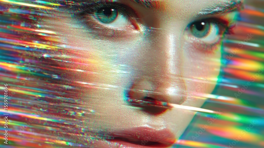 Poster a close-up view of a woman's face illuminated by vibrant light reflections creating a surreal and ar