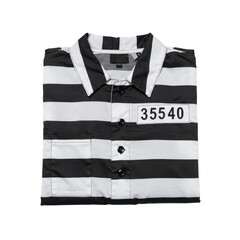 Black and white striped prison uniform shirt, folded with a numerical identification tag