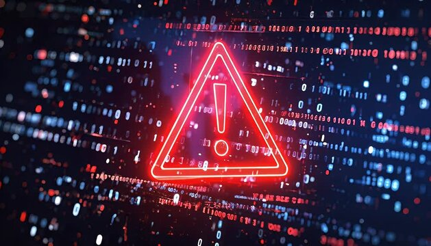Digital data breach alert with glowing red warning triangle and binary code background emphasizing cybersecurity risk and potential system failure