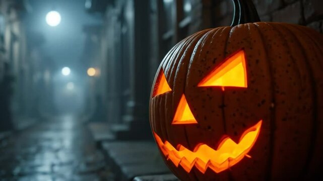 Glowing Carved Pumpkins on a Forest Path at Night. Halloween celebration. 4k videos