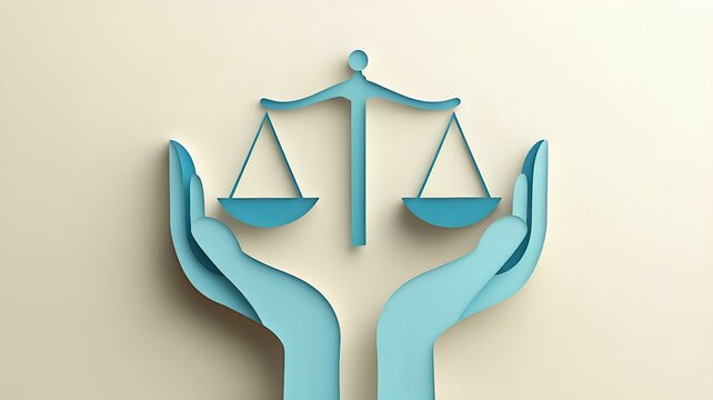 paper cut-style illustration of hands holding balanced scale with soft pastel tones representing fairness and equality.