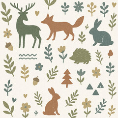 北欧風フォークアートの動物と植物の手描き風イラスト