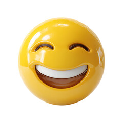 Shiny yellow emoji face with wide smile and closed eyes isolated on transparent background