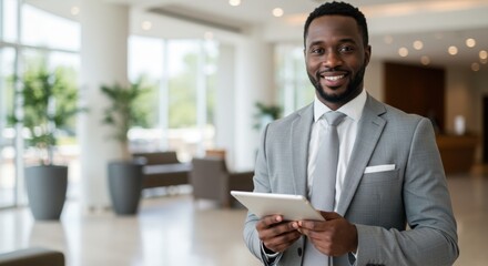 Man in suit holding tablet smiles in bright modern office setting