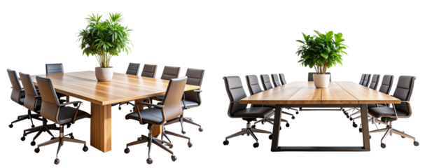 Modern Minimalist Conference Room with Large Table and Central Potted Plant, Isolated PNG