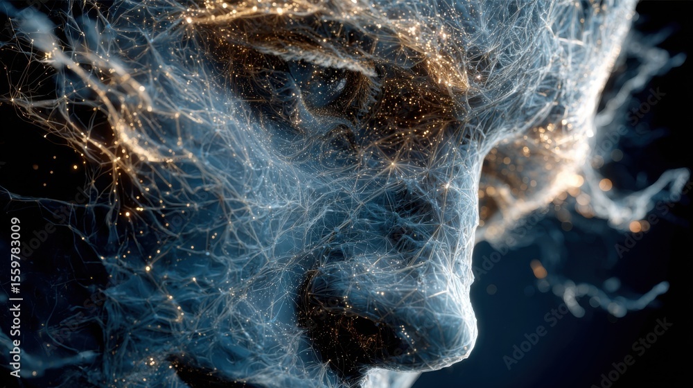 Poster a close-up view of a human face is created using bright glowing lines and particles, conveying a sen